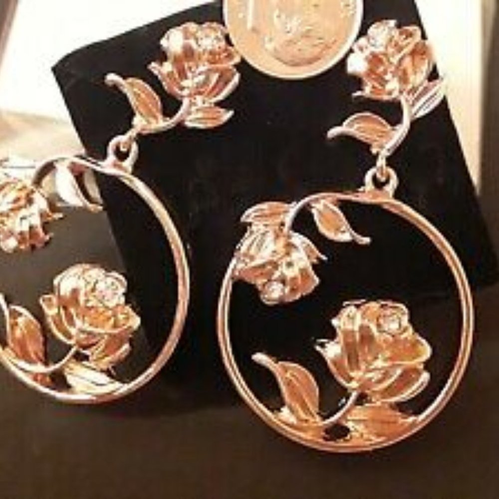 Gold Tone Rose Hoops Dangle Earrings Rhinestones